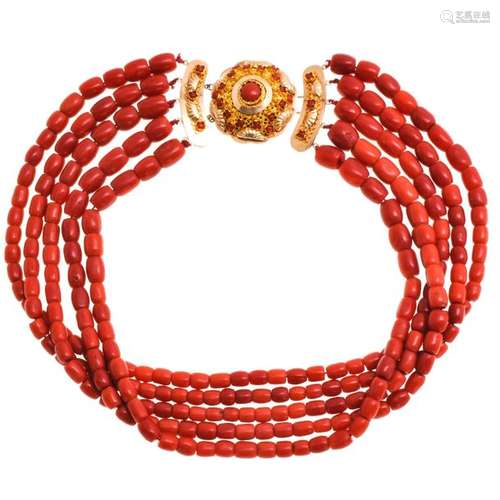 A Deep Red Coral Necklace on 14KG Clasp