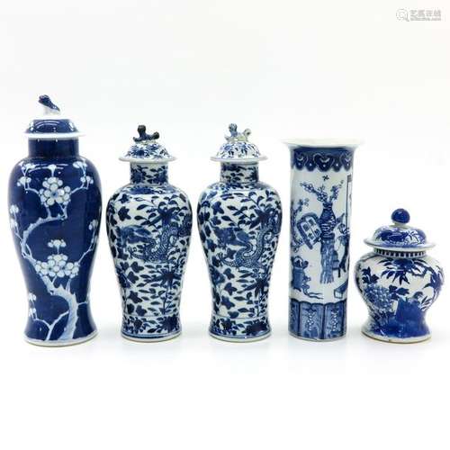 Five Chinese Blue and White Vases