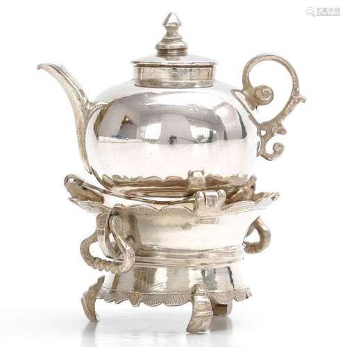 A Silver Miniature Kettle and Comfort