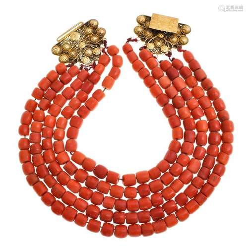 A 19th Century Red Coral Necklace on 14KG Clasp