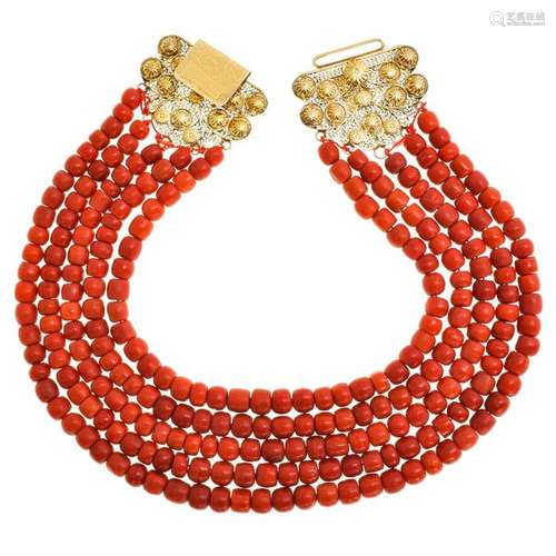 A 19th Century Red Coral Necklace on 18KG Clasp