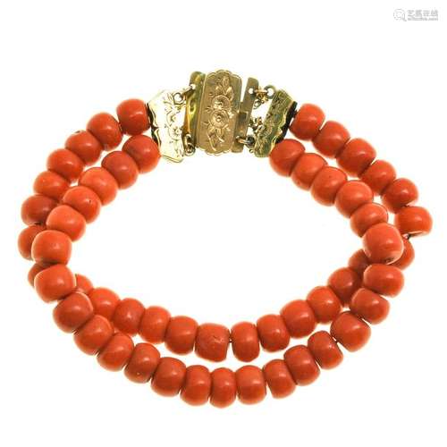 A Two Strand Red Coral Bracelet on 14KG Clasp