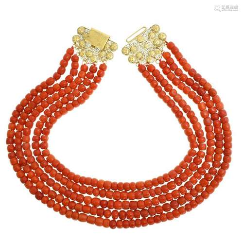 A 19th Century Red Coral Necklace on 14KG Clasp