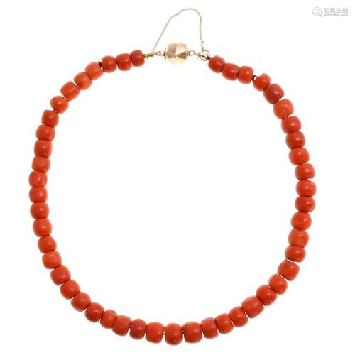 A 19th Century Red Coral Necklace on 14KG Clasp