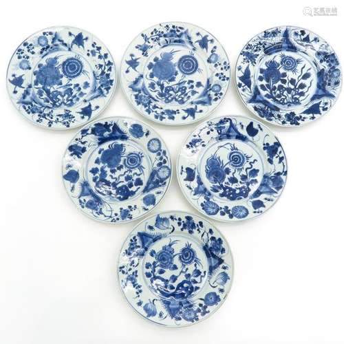 A Series of Six Chinese Blue and White Plates