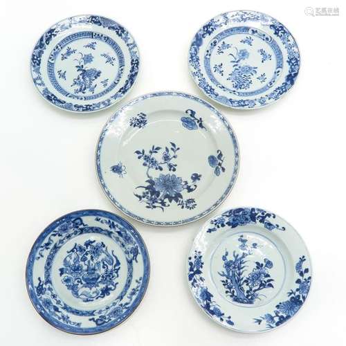 Five Chinese Blue and White Plates