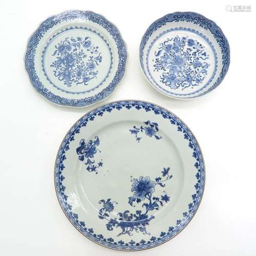 Three Chinese Blue and White Plates