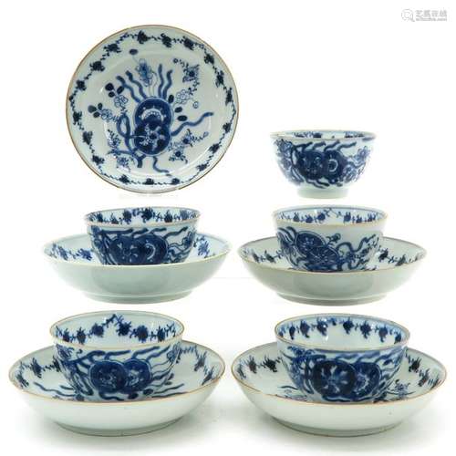 Five Chinese Blue and White Cups and Saucers