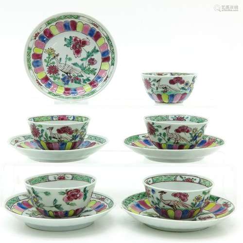 Five Chinese Famille Rose Cups and Saucers