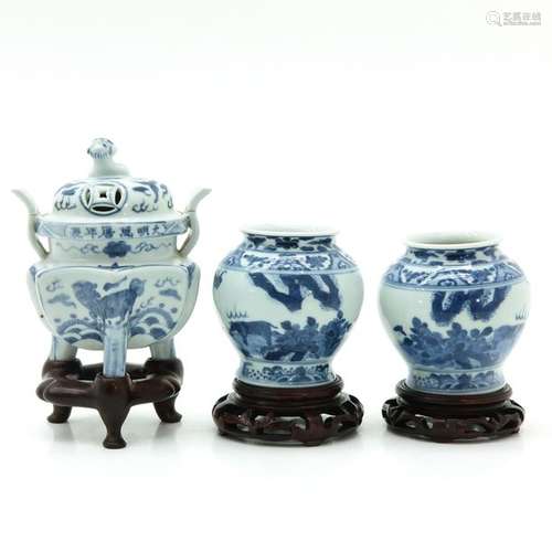 Three Chinese Blue and White Decor Censers