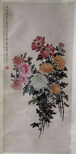 A CHINESE HAND-DRAWN PAINTING SCROLL OF 缪莆孙 菊之隐逸