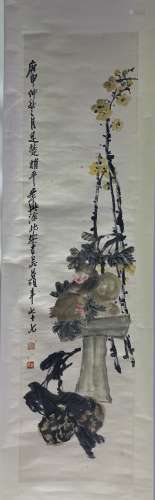 A CHINESE HAND-DRAWN PAINTING SCROLL OF 吴昌硕 清供图