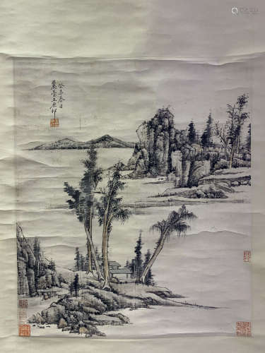 A CHINESE HAND-DRAWN PAINTING OF SCROLL 王原祁 疏林寒水