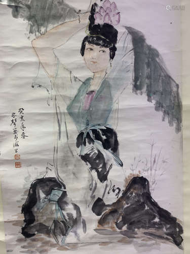 A CHINESE HAND-DRAWN PAINTING OF SCROLL 郑家声 莲花仕女