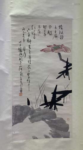 A CHINESE HAND-DRAWN PAINTING OF SCROLL 潘天寿 红荷