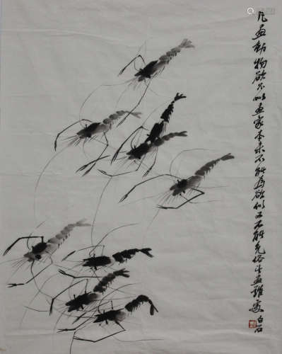 A CHINESE HAND-DRAWN PAINTING SCROLL OF 齐白石 虾
