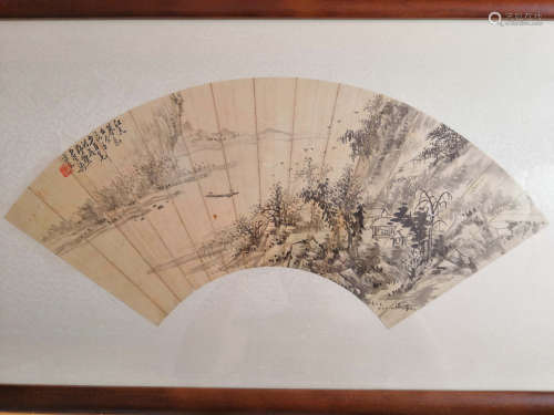 A CHINESE HAND-DRAWN PAINTING FAN OF LANDSCAPE 金野樵山水 扇面
