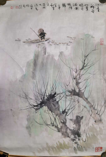 A CHINESE HAND-DRAWN PAINTING SCROLL OF LANDSCAPE 徐中 山水