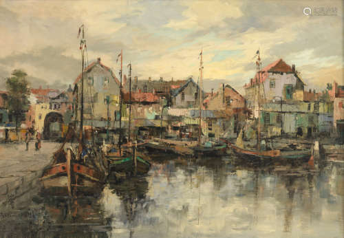Sadji (SHA QI), fishing boats in the harbour, dated (19)93, oil on canvas, 72 x 101 cm