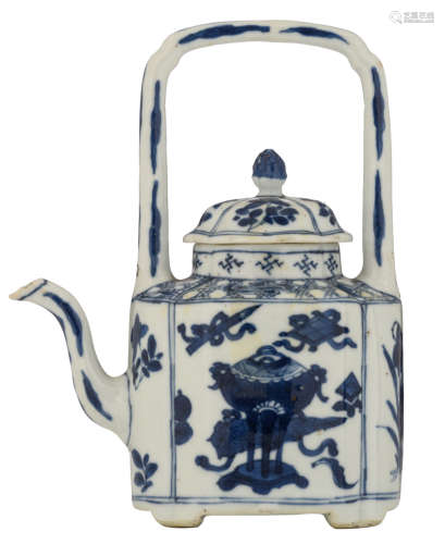 A Chinese Kangxi blue and white teapot with an overhead handle, decorated with auspicious symbols and flowers, 17th/18thC, H 18,5 cm     