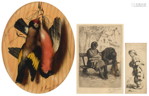 Meucci M., a trompe l'oeil depicting hanging birds, dated 1878, oil on board, 17,5 x 21,5 cm; added: Rembrandt, 'Tis Vinnich Kout', dated 1634, etching (later reprint), 5 x 11,5 cm; extra added: Peiser K., a broken and troubled family, etching, 9,5 x 13,8 cm