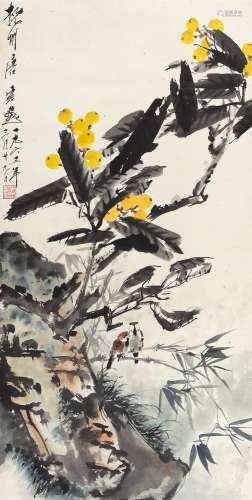 唐云（1910～1993） 1965年作 枇杷麻雀 立轴 设色纸本