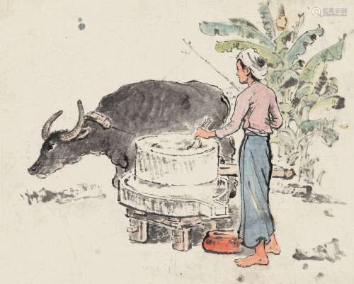 蒋兆和（1904～1986） 海南速写之“碾米” 镜心 设色纸本