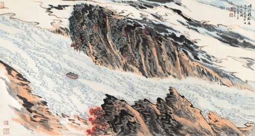 陆俨少（1909～1993） 1984年作 峡江行旅图 镜框 设色纸本