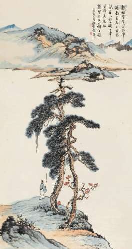 郑午昌（1894～1952） 1950年作 双松平远图 立轴 设色纸本