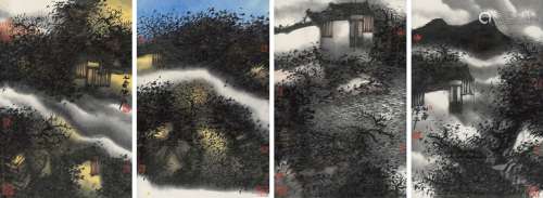 陈平（b.1960） 2005年作 费洼山庄四屏 镜框 设色纸本
