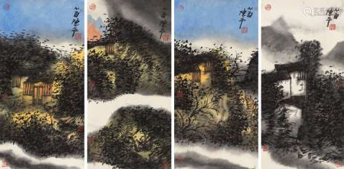 陈平（b.1960） 2005年作 山居图四屏 镜心 设色纸本