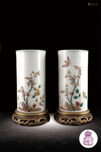 十九世紀  英國仿東方陶瓷花鳥紋筆筒一對