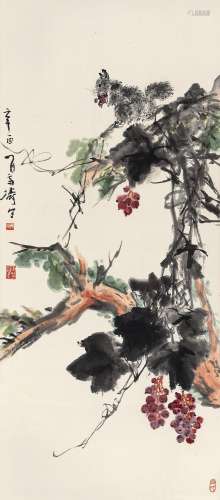 王雪涛 1981年作 松鼠葡萄 立轴 设色纸本