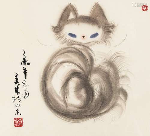 韩美林（b.1936） 1979年作 猫 镜框 设色纸本