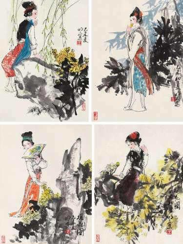 王明明（b.1952） 1979年作 庭院仕女 镜心 设色纸本
