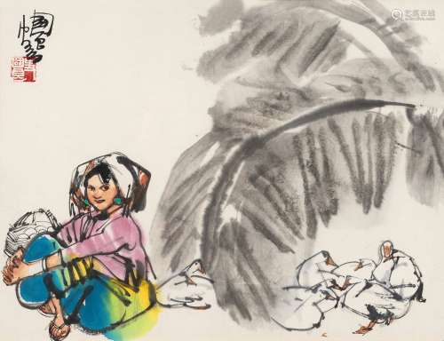史国良（b.1956）进入该艺术家作品认证 少女牧鹅 镜框 设色纸本
