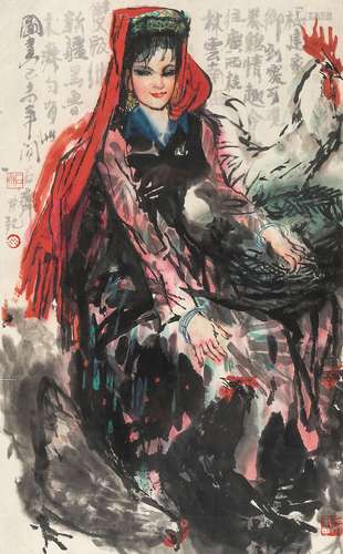 石齐（b.1939） 1979年作 饲鸡图 镜框 设色纸本