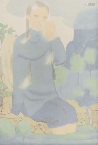 田黎明（b.1955） 村姑 镜框 设色纸本