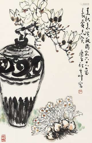 孙其峰（b.1920） 1990年作 瓶花 镜框 设色纸本