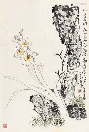 孙其峰（b.1920） 1996年作 兰石图 镜心 设色纸本