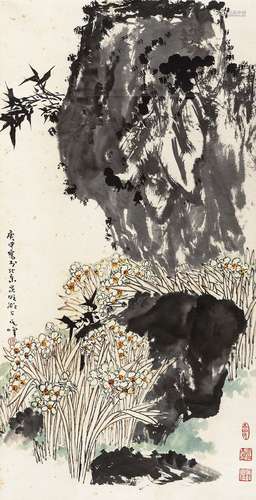 孙其峰（b.1920） 1980年作 竹石水仙 立轴 设色纸本