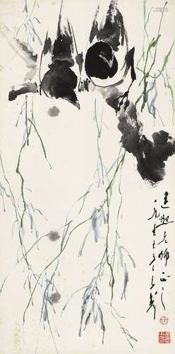 王子武（b.1936） 1977年作 柳条双喜图 镜心 设色纸本