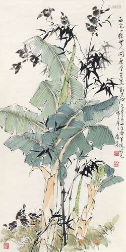 康宁（b.1937） 2005年作 芭蕉小鸟 镜心 设色纸本