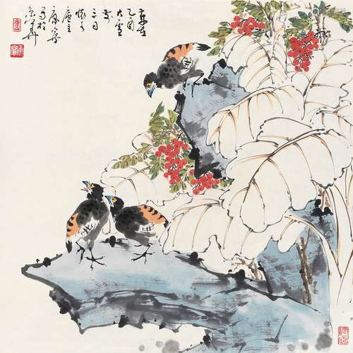 康宁（b.1937） 2005年作 花前对语 镜心 设色纸本