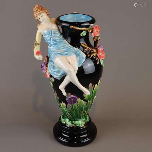 Jugendstil-Vase - Keramik, polychrom staffiert, wo…
