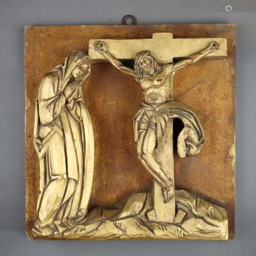 Holzrelief mit Kreuzigungsszene - um 1900, Holz ge…