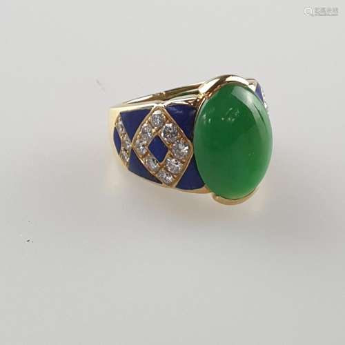 Jade-Diamant-Ring - Gelbgold, Ringkopf mit großem …
