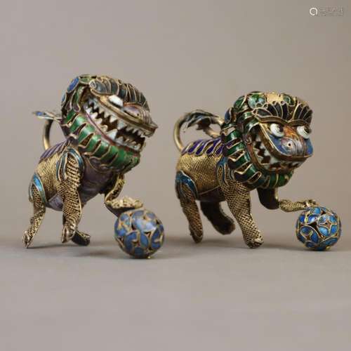 Paar Fo-Hunde - China, Silber(?)drahtgeflecht verg…