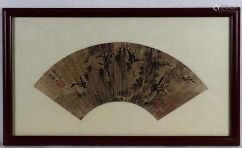 fan painting, stones, bamboo trees, ink on paper, …