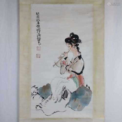 Cheng Shifa, young lady is playing flute, colour i…